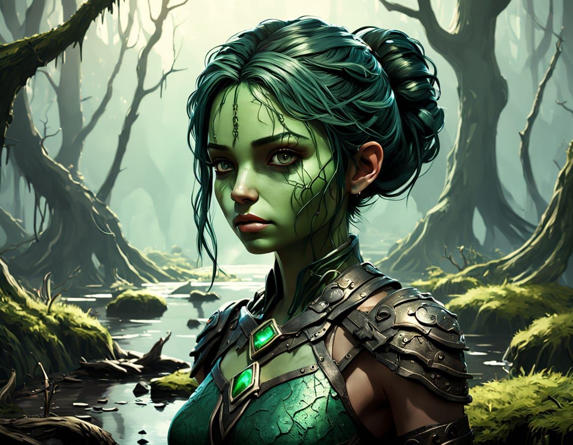 Dark Fantasy Woman in Mossy Swamp with Metallic Skin