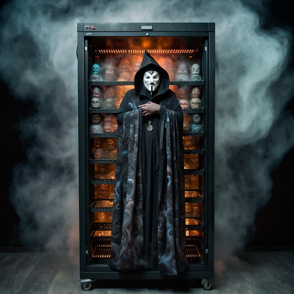 Mysterious Figure in Server Room, Hyperrealistic Art