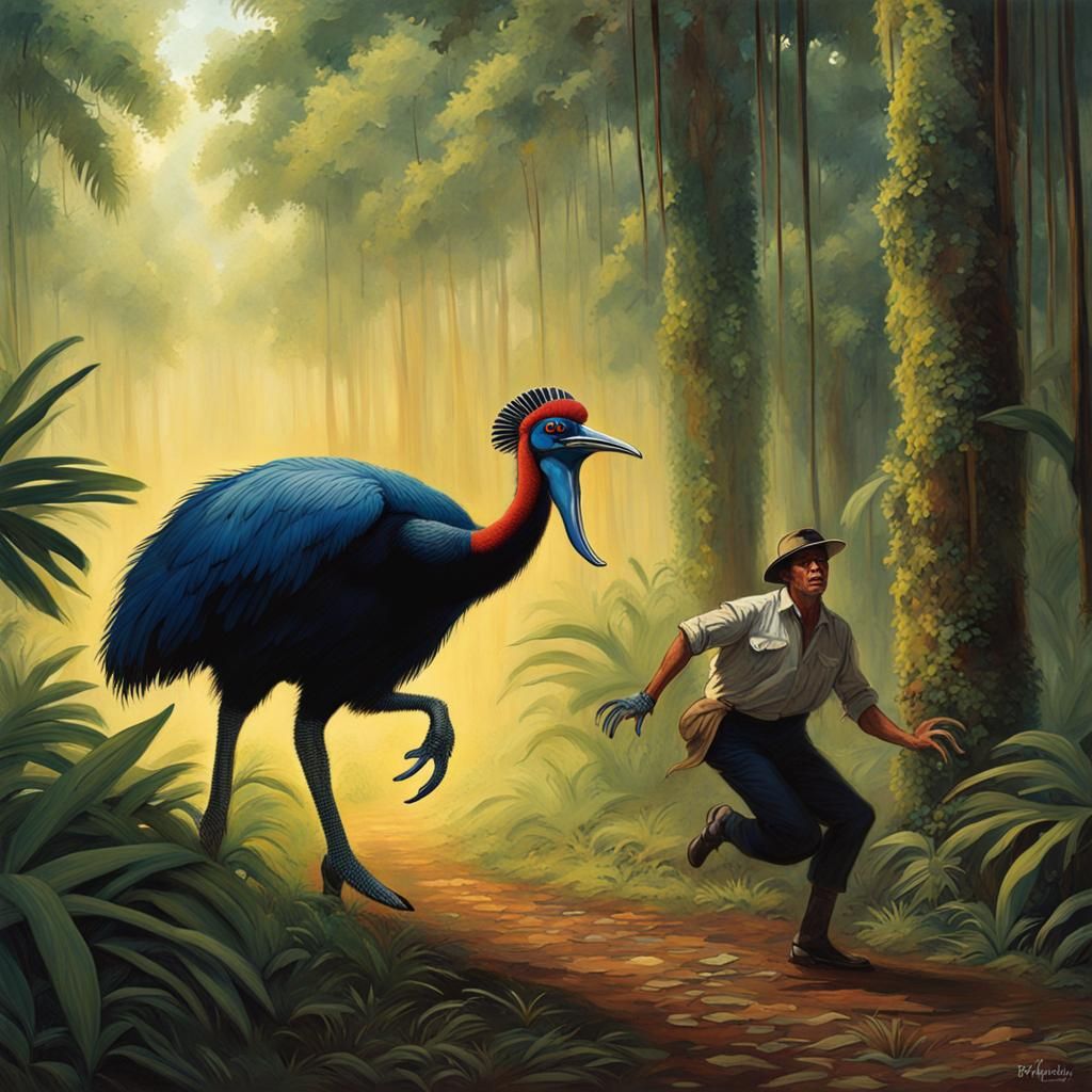 Cassowary Attack in Australian Rainforest, Fantasy Art