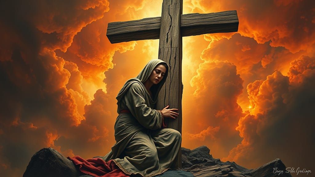 Sorrowful Virgin Mary at the Foot of the Cross in a Fiery, T...