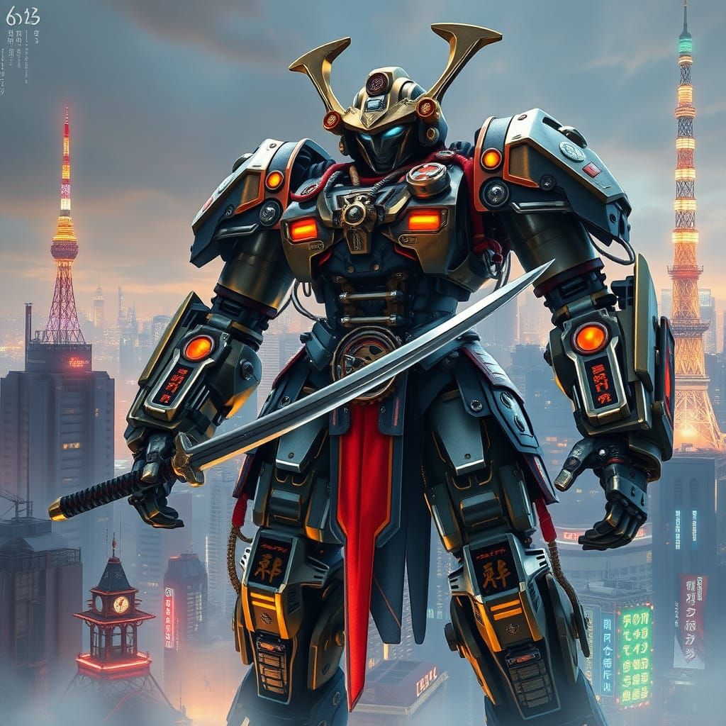 Steampunk Samurai Robot Guards Tokyo in Gouache Style