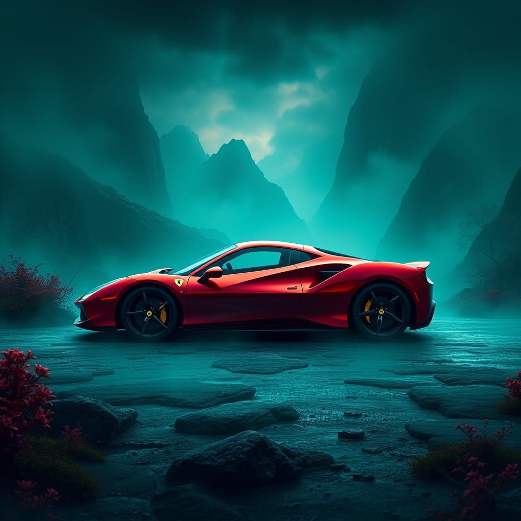 Cyberpunk Ferrari Concept Art in High-Contrast Detail