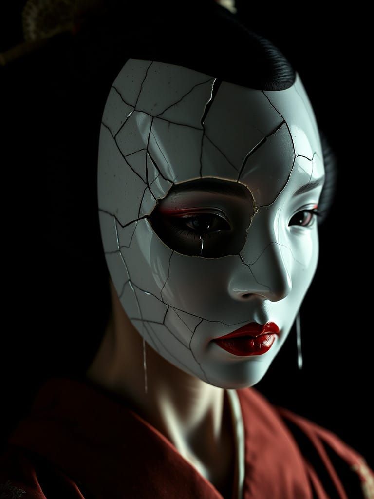 Geisha with Broken Mask, Japanese Woman in Tears