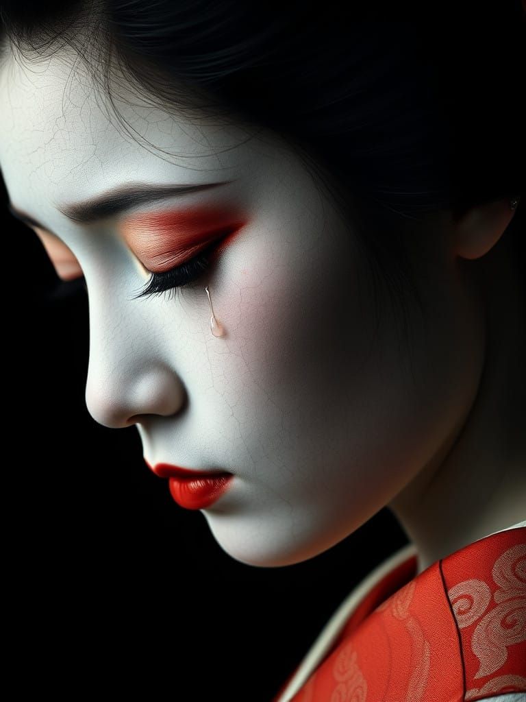 A Geisha's Somber Portrait, Fragile and Haunting