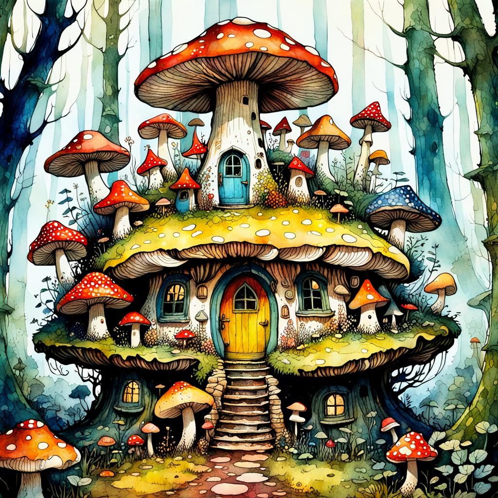 Colorful Fairy City Inside Mushroom Ring, Watercolour Style