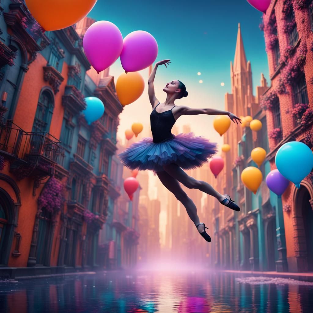 Ballerina floating over a colorful whimsical gothic city