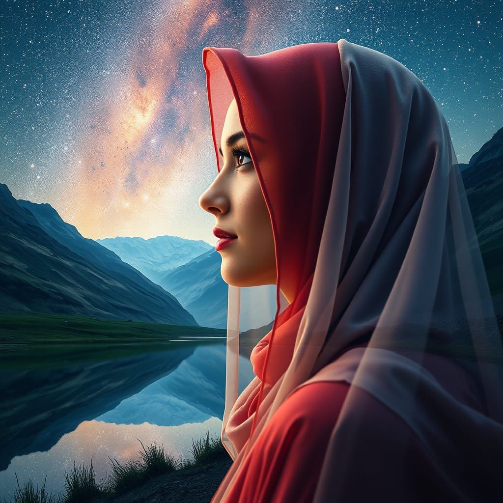 Veiled Woman's Double Exposure Portrait in CGI