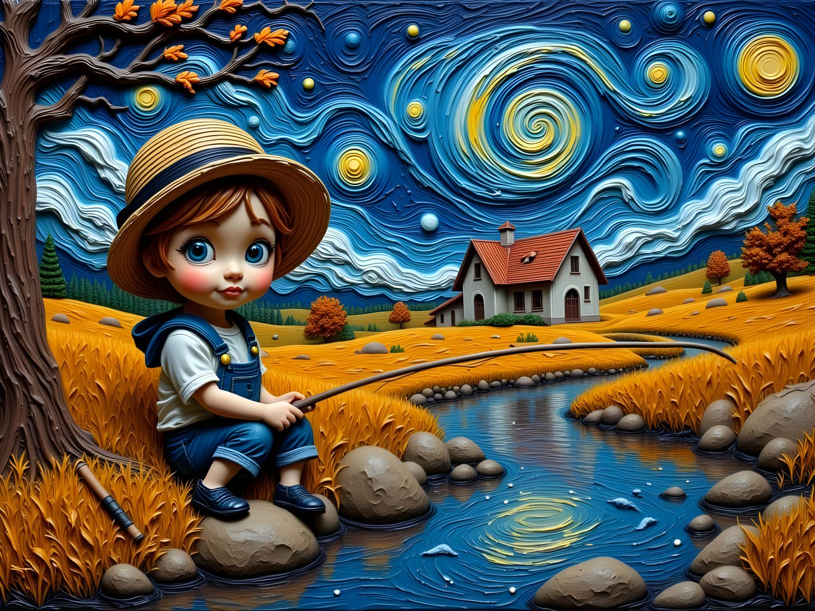 Boy Fishing in Autumn Landscape with Starry Sky