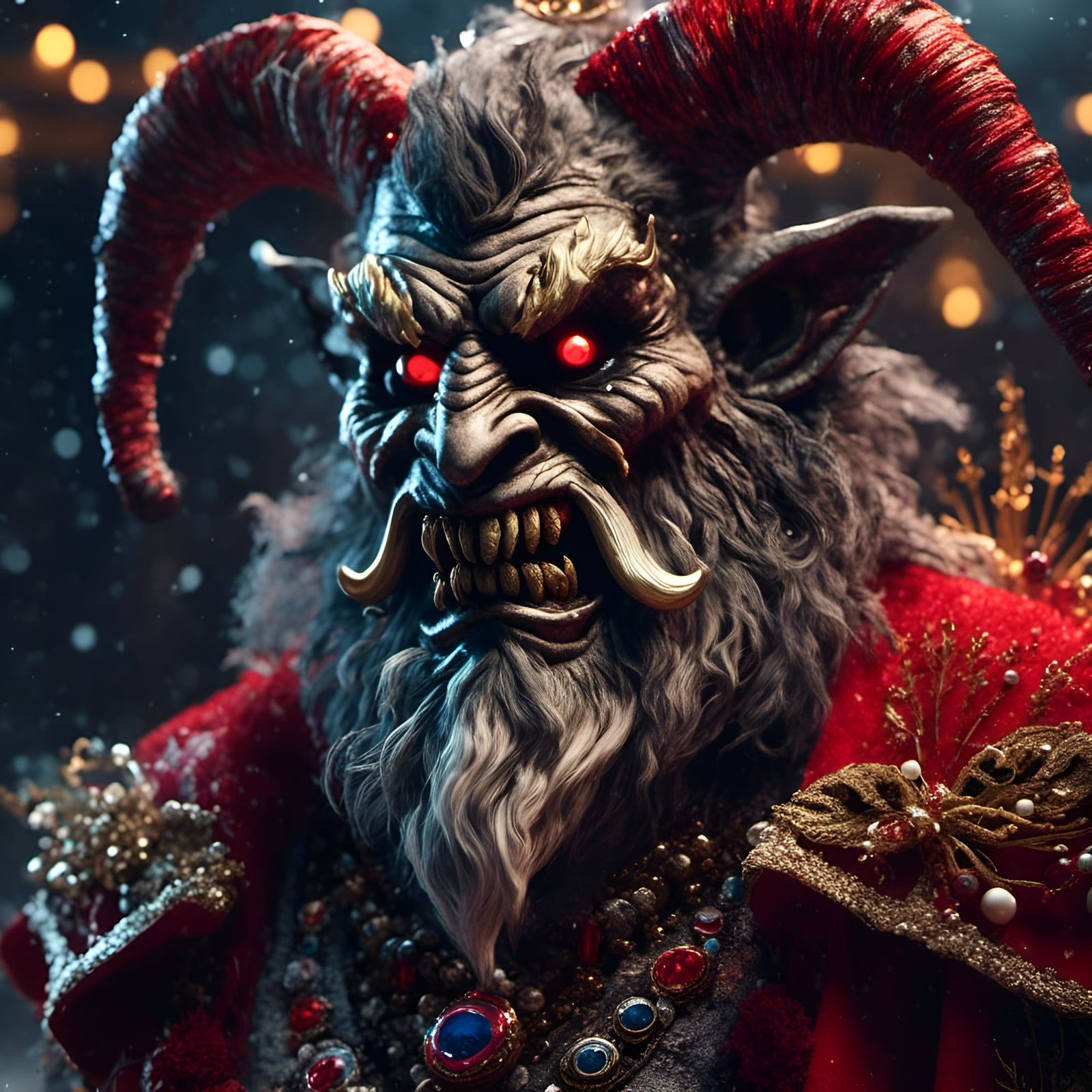 Voodoo Krampus in Santa Outfit: Photorealistic Close-Up