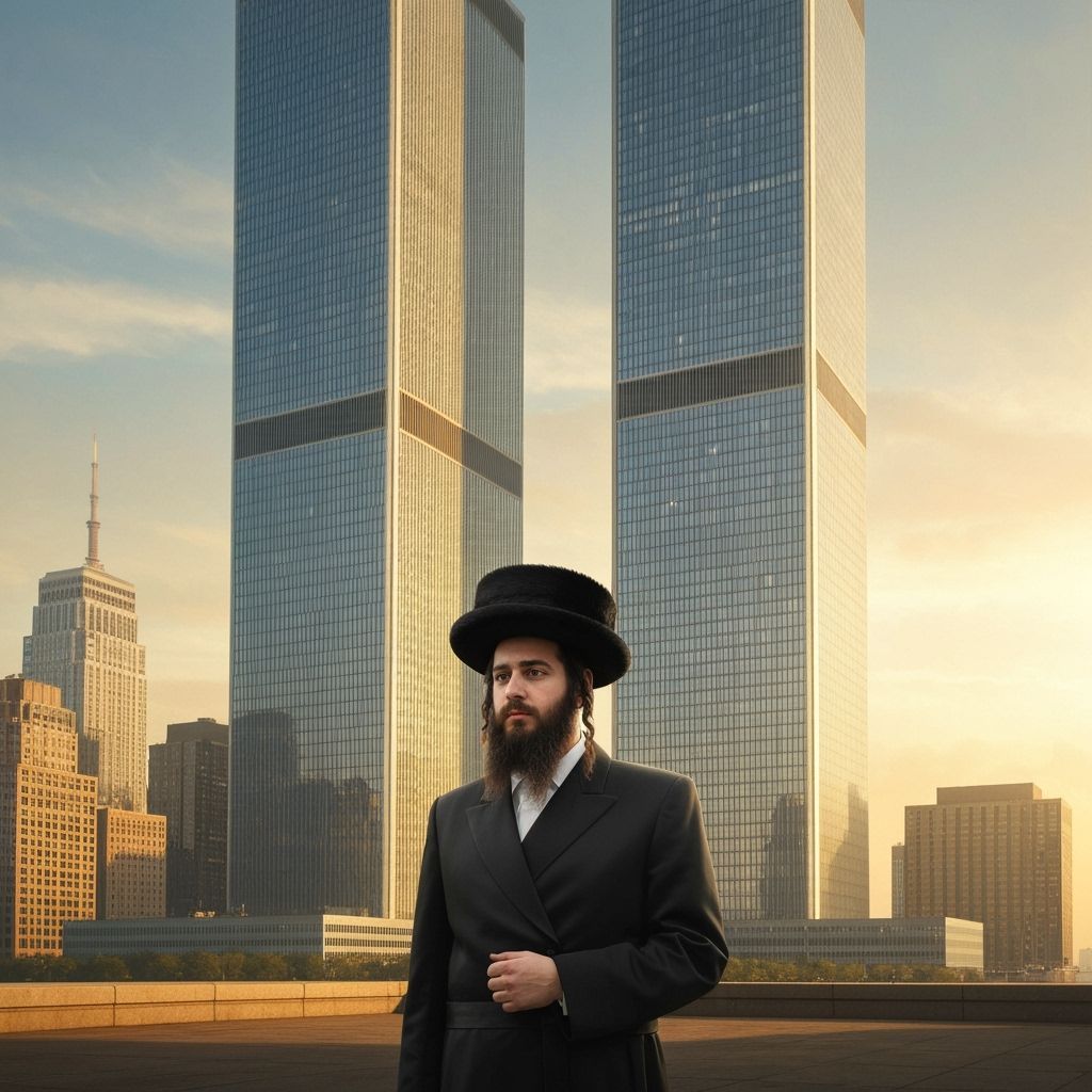 Chassidic Man at Twin Towers in Golden Light