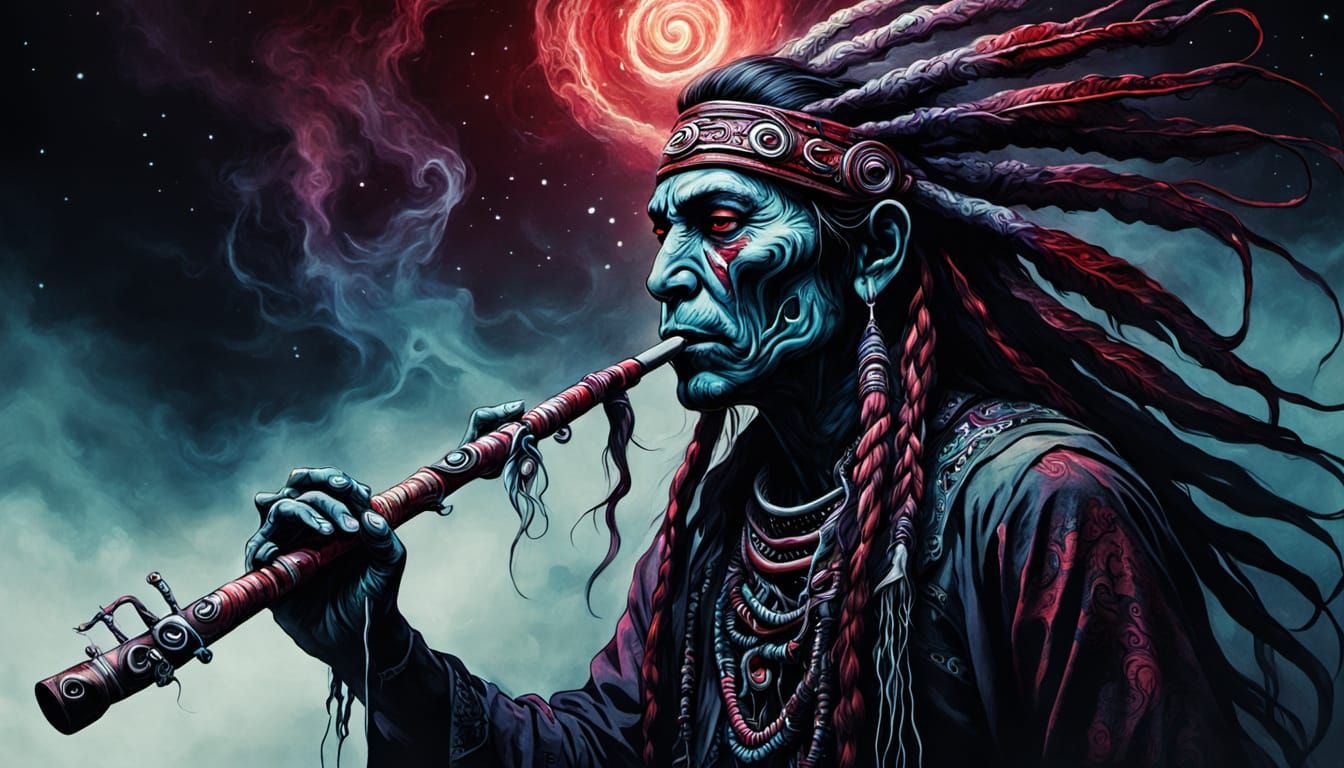 Eldritch Native American Flautist in Cosmic Horror Art