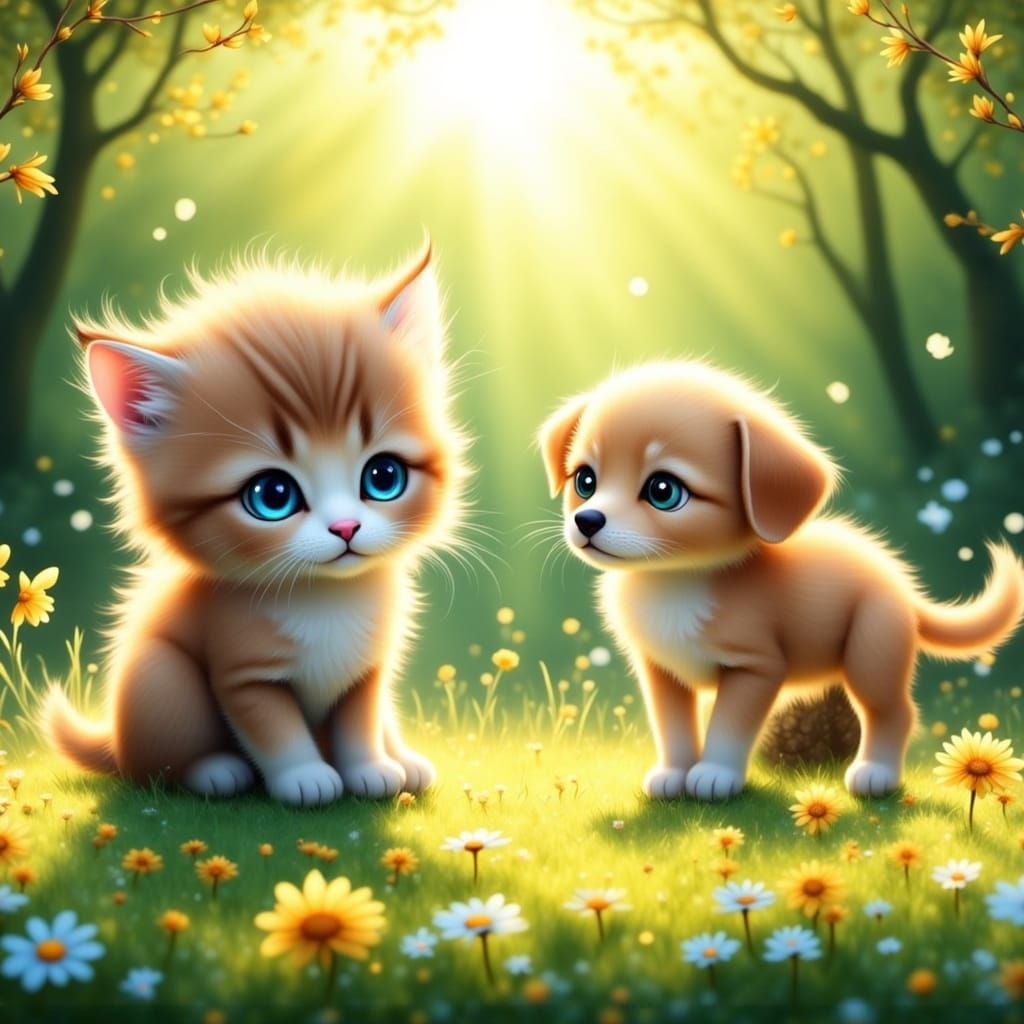 Adorable Kitten and Puppy in Sunlit Garden Storybook Style