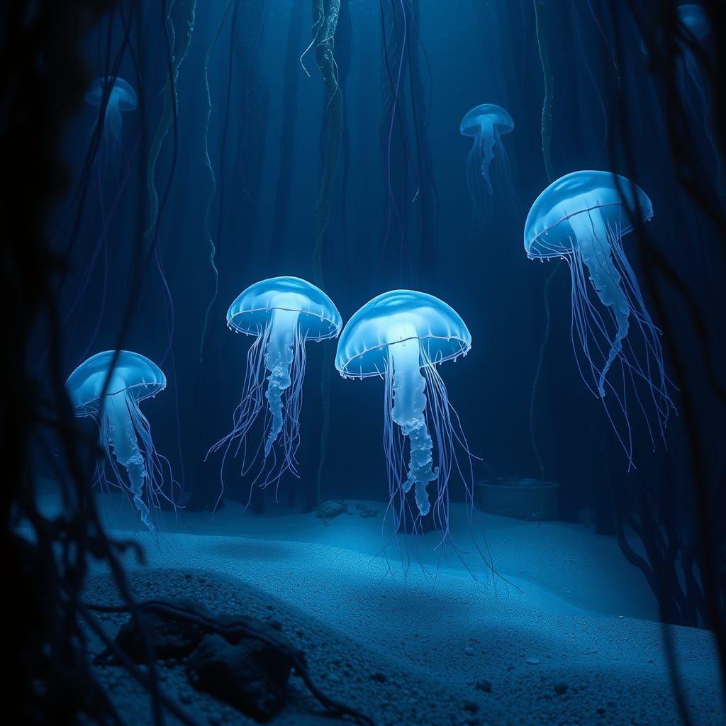 Bioluminescent Jellyfish in Deep-Sea Kelp Forest