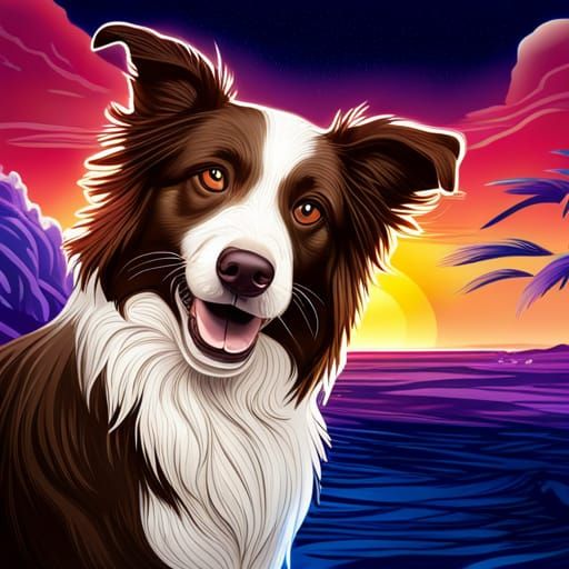 Hyperrealistic Border Collie Smiling on a Night Beach