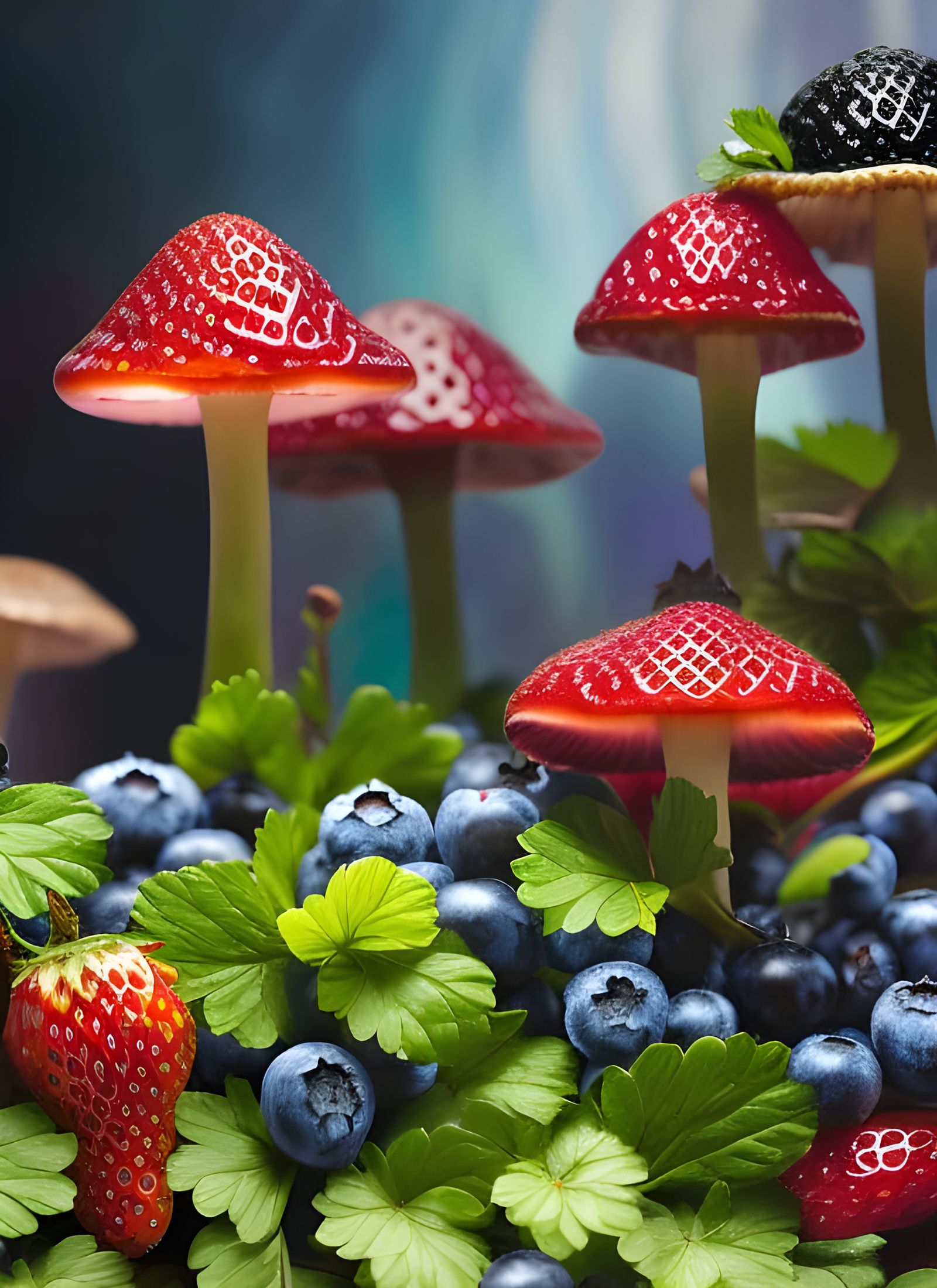 Bioluminescent Strawberry Mushrooms in Alcohol Ink Style