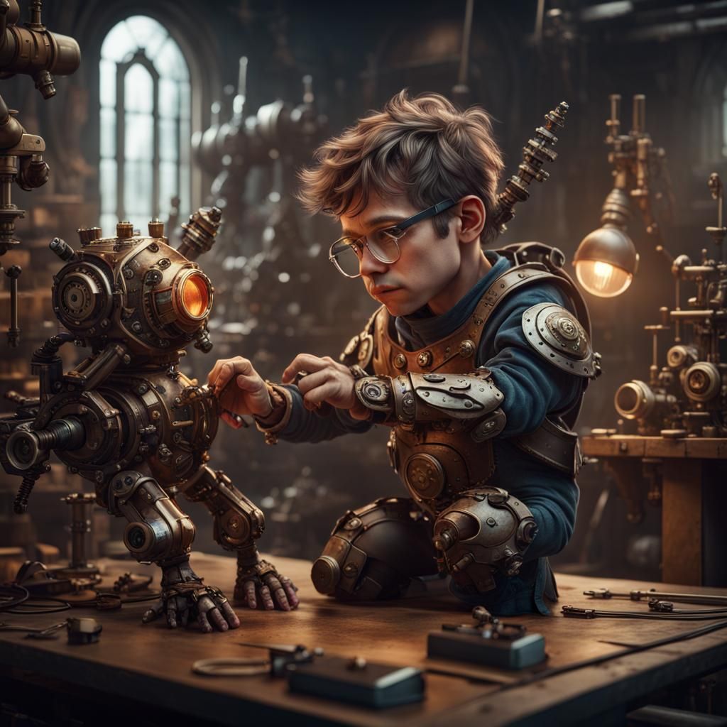 Steampunk Halfling Creates Mechanical Animal in Workshop