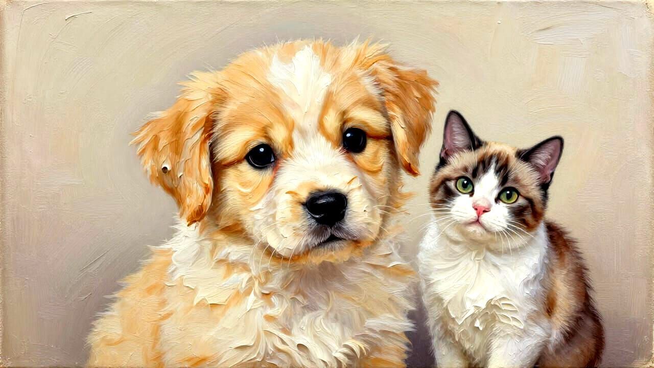 Cute Puppy and Kitten Art in Thick Impasto Style