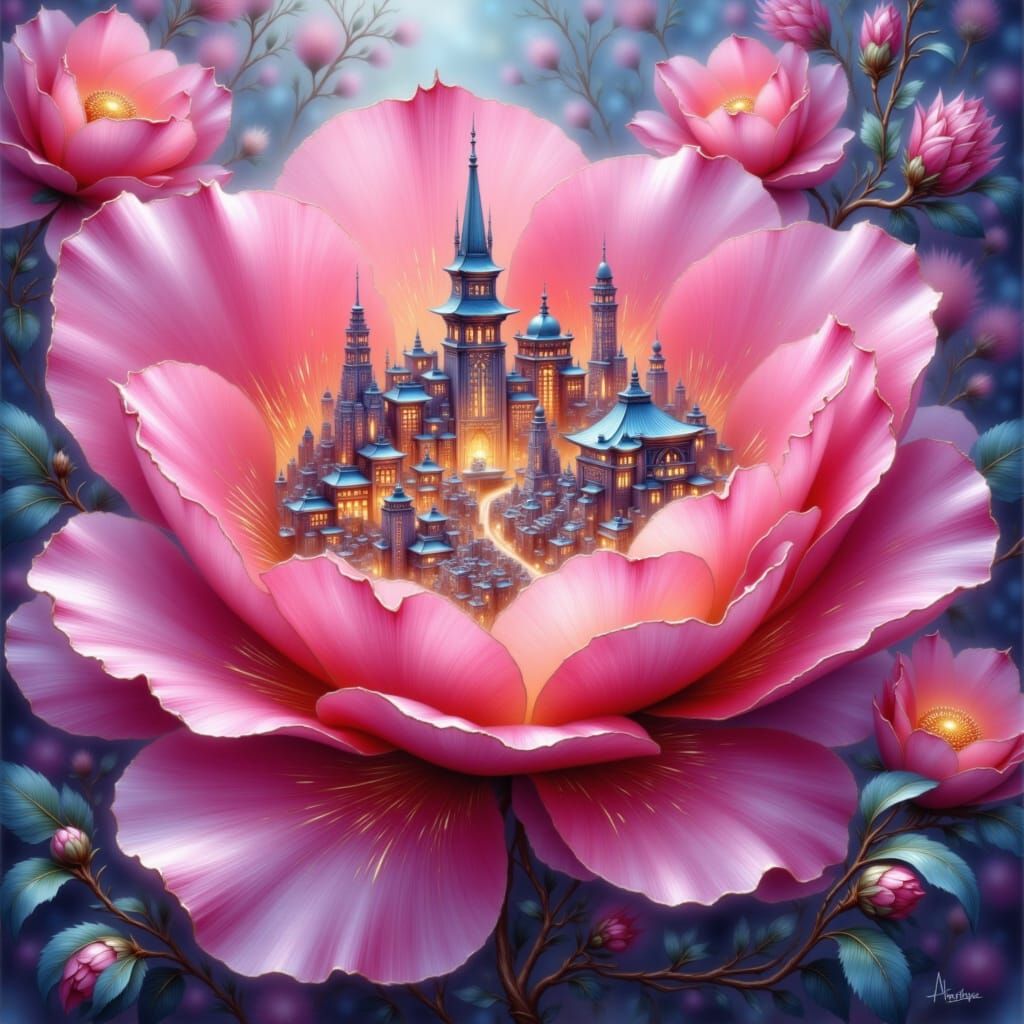 Miniature City Blooms Inside Giant Pink Flower
