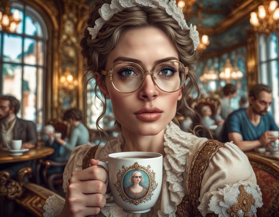 Rococo Woman Portrait with Coffee in Cafe