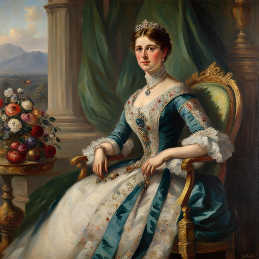 Duchess Elisabeth Amalie Eugenie in Bavaria sitting on the throne, original clothes, victorian style, Carl Julius Rudolf...