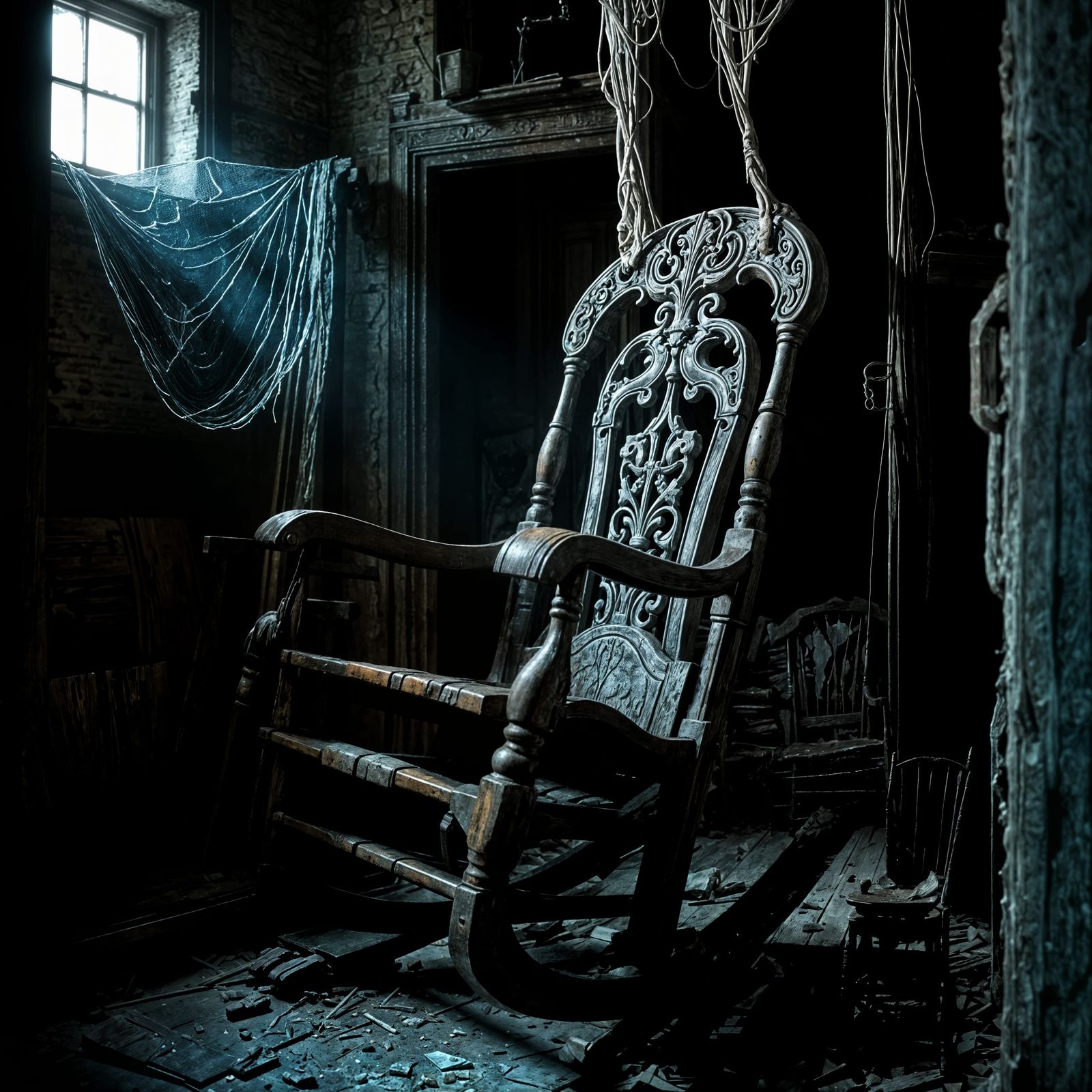 Creepy Rocking Chair in Haunted Basement