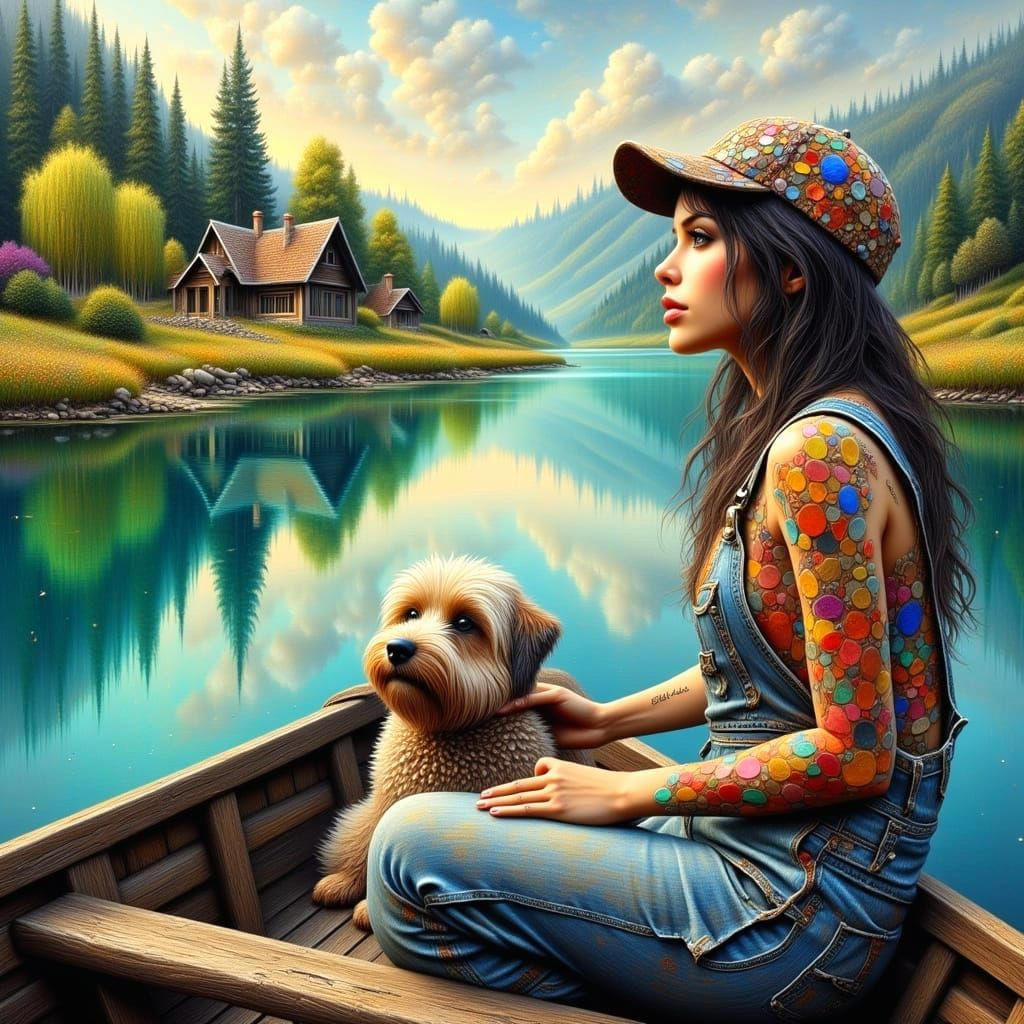 Ethereal Portrait of Dark Haired Girl in Wooden Boat on Turq...