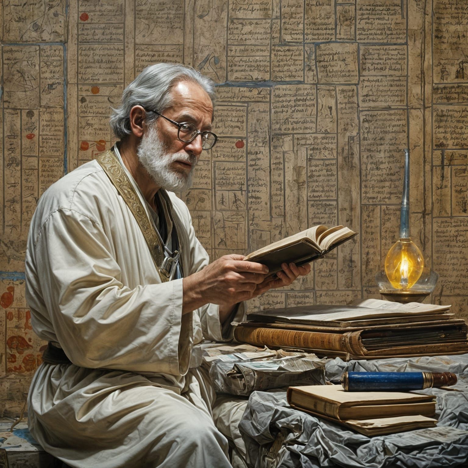 Scientist Exploring Luminous Manuscripts in Oil Painting Sty...