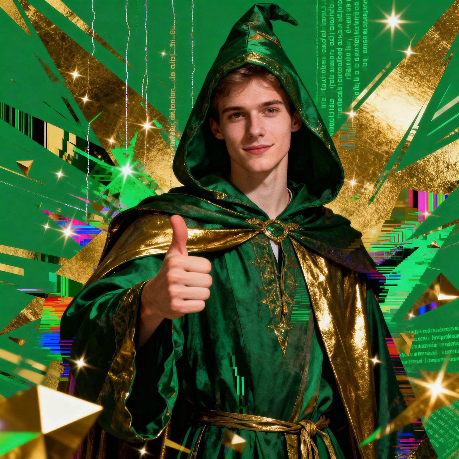 Maximalist Glitch Art with Wizard and Gold Accents