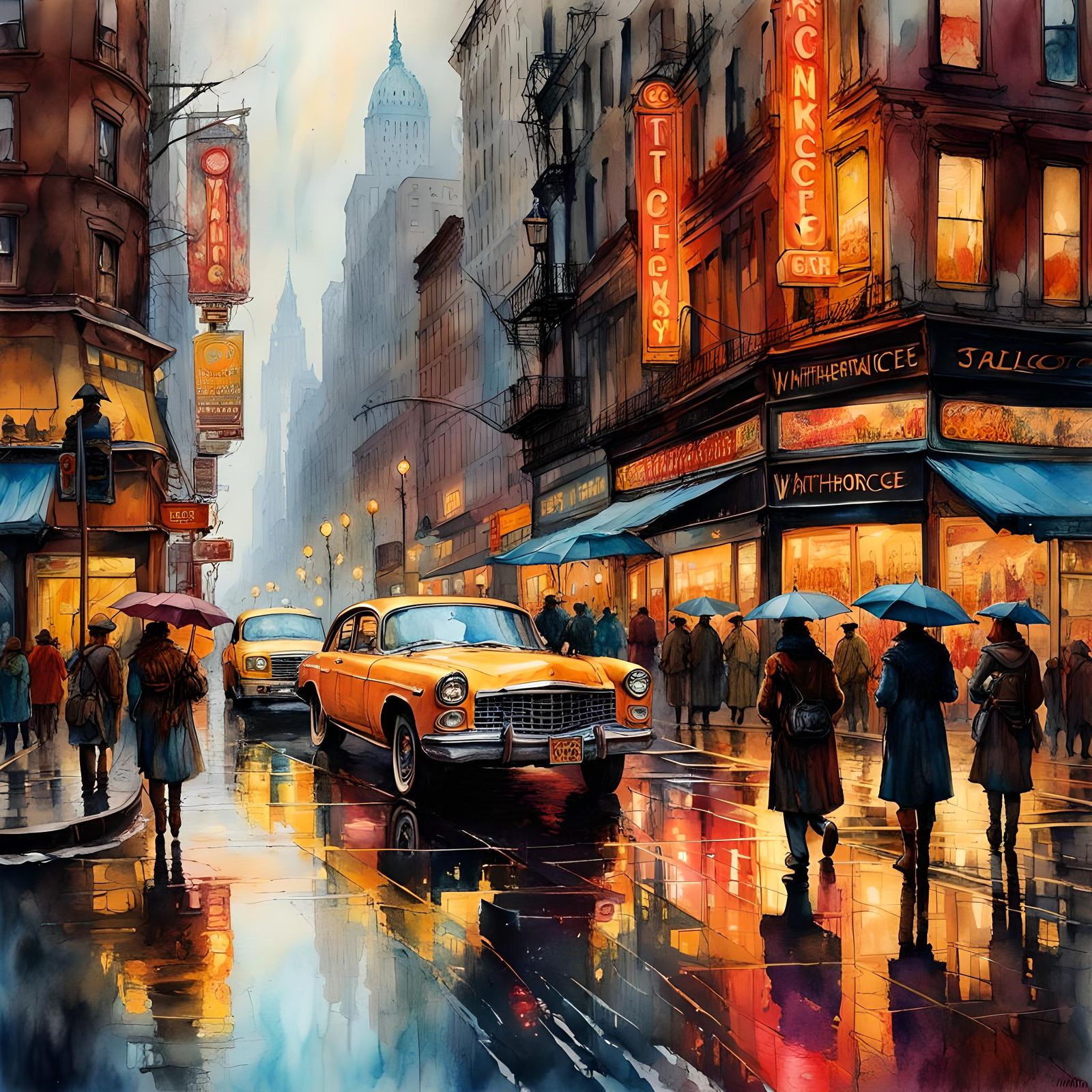 Rainy Day in New York: Ink and Watercolor