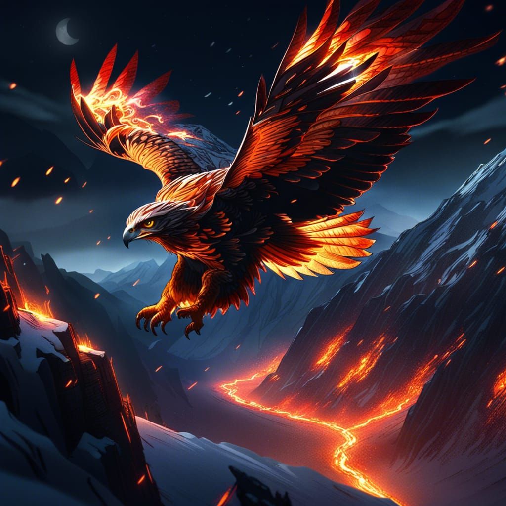 Fiery Hawk Soaring Through Snowy Peaks