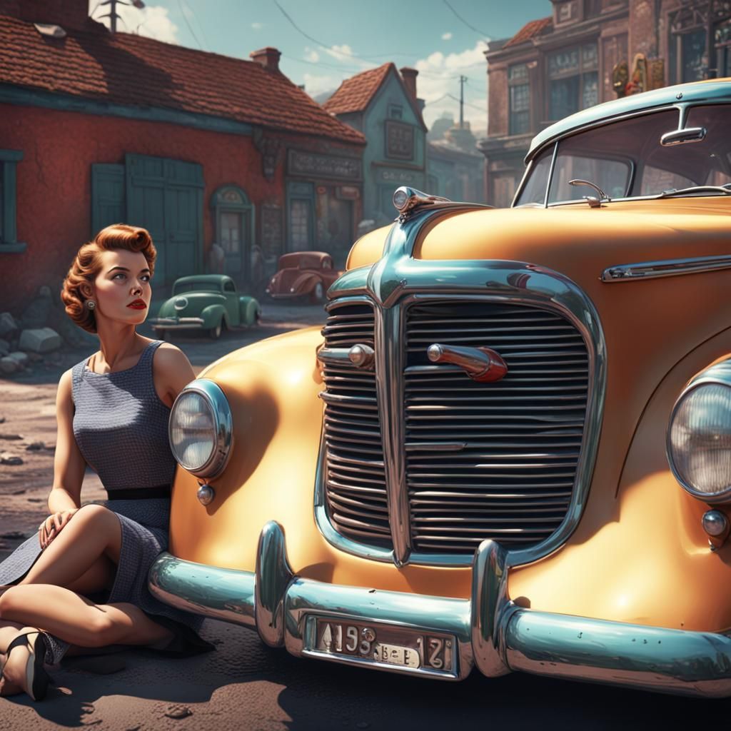 1950s Woman on Car: Detailed Matte Painting