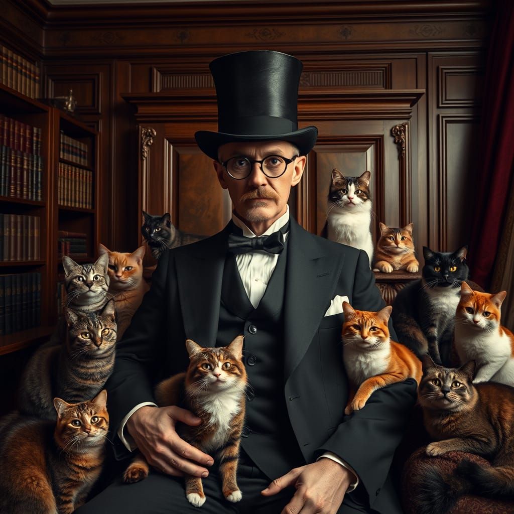 Eccentric Gentleman Surrounded by Felines in Opulent Victori...