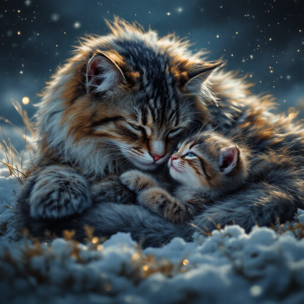 Pallas Cat and Kitten: Hyperrealistic Starry Night