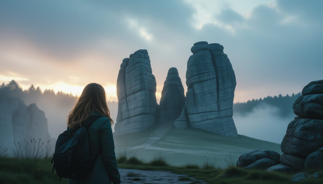 Tourist Awed by Majestic Externsteine Rock Formations