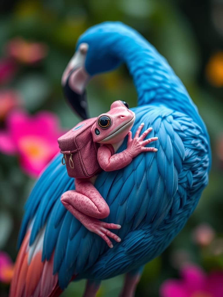 Toad Rides Flamingo in Hyperrealistic Fluorescent Colors