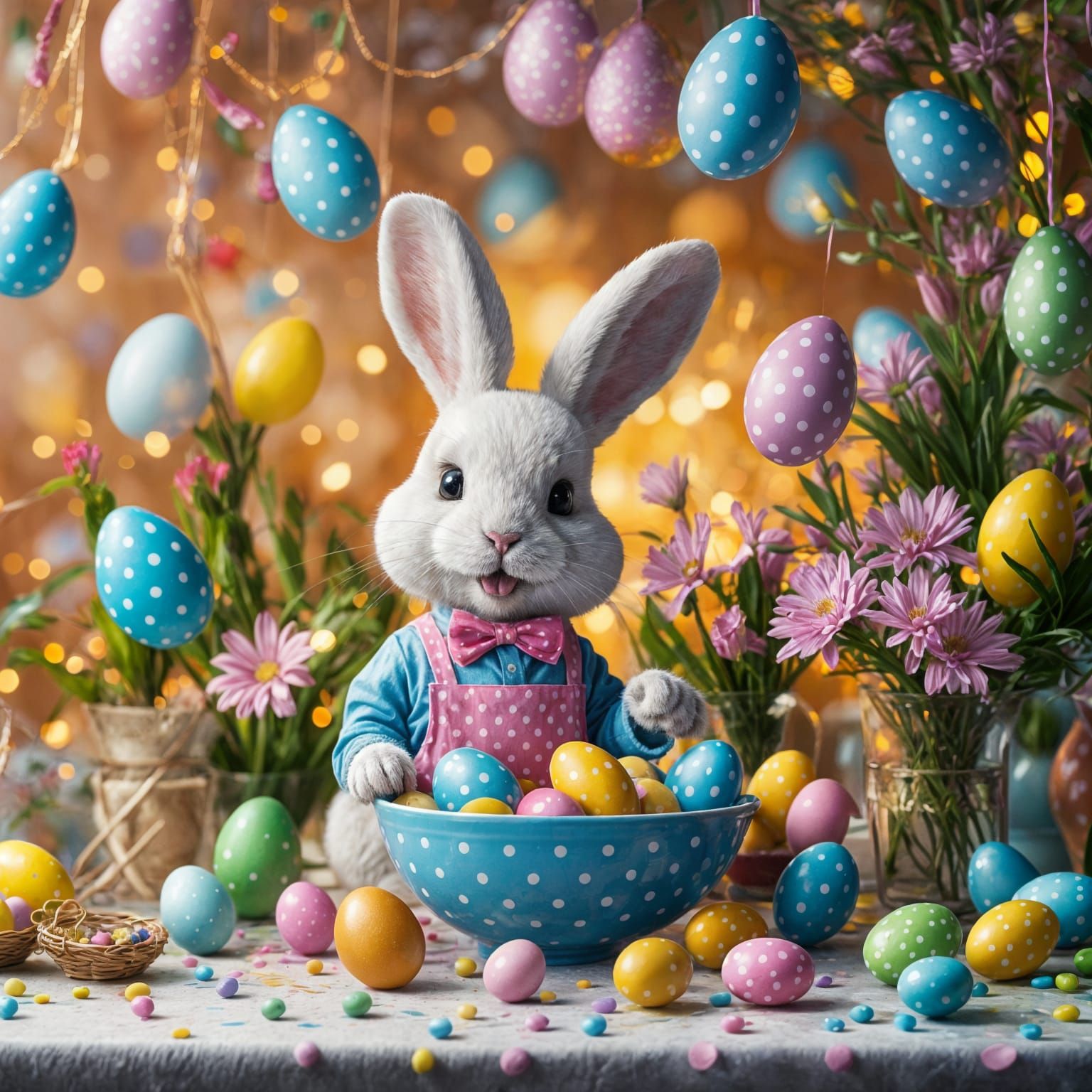 Easter Bunny Paints Eggs in Whimsical Spring Setting
