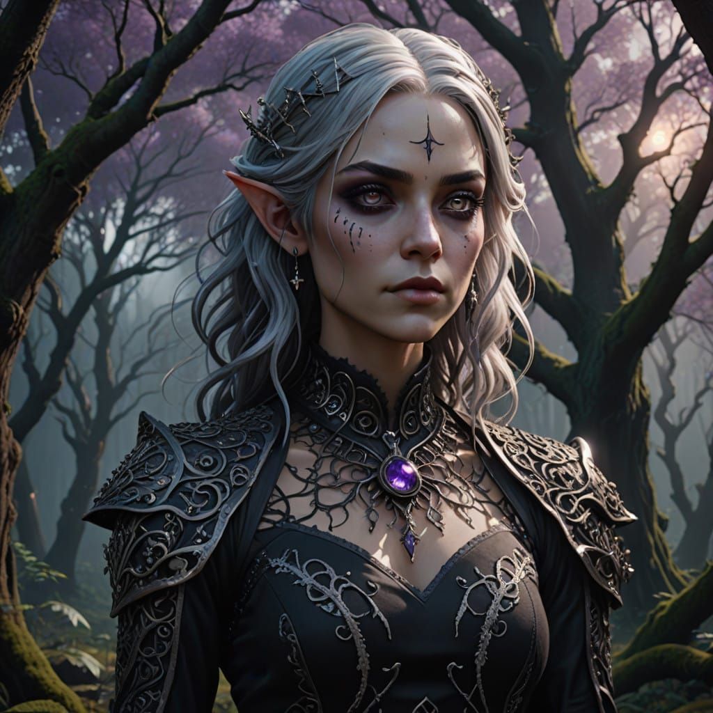 Dark Elf Goddess in Enchanted Forest