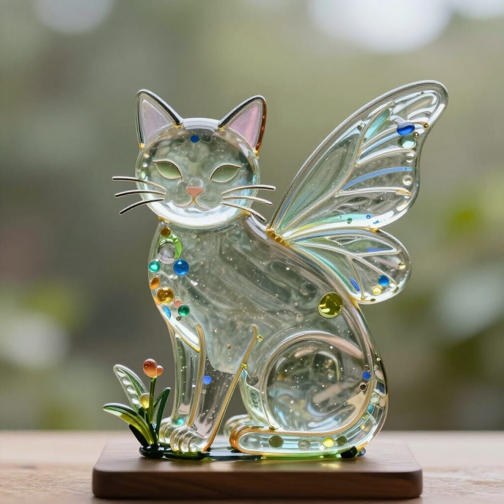 Whimsical Cat Fairy Artwork in Stained Glass Style