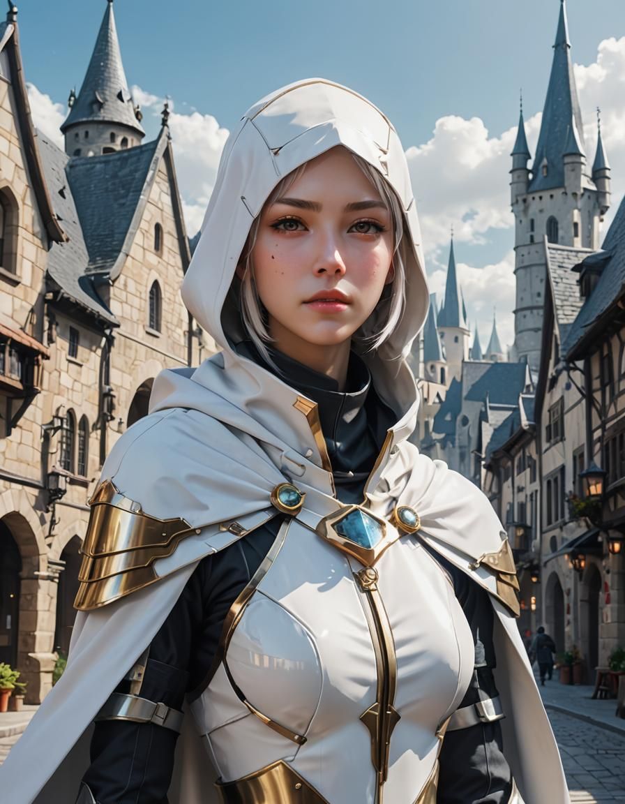 Sleek Gynoid Ranger in Medieval Fantasy City