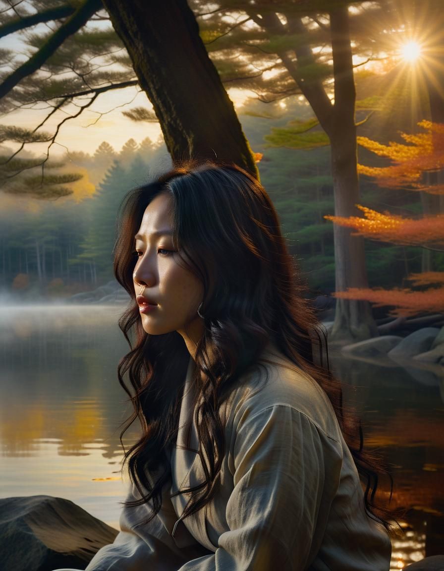 Meditating Woman in Autumn Forest: Chiaroscuro Oil Painting