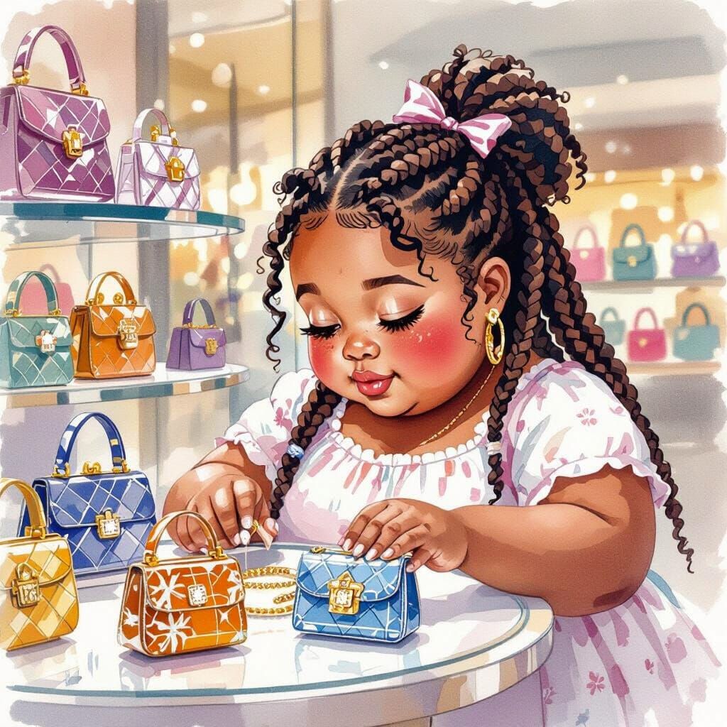 Girl Gazing at Elephant Purses in Watercolor Style