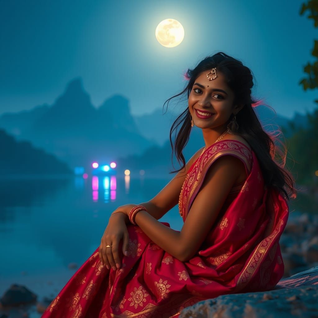 Indian Girl in Saree Under Moonlight, Cinematic Still