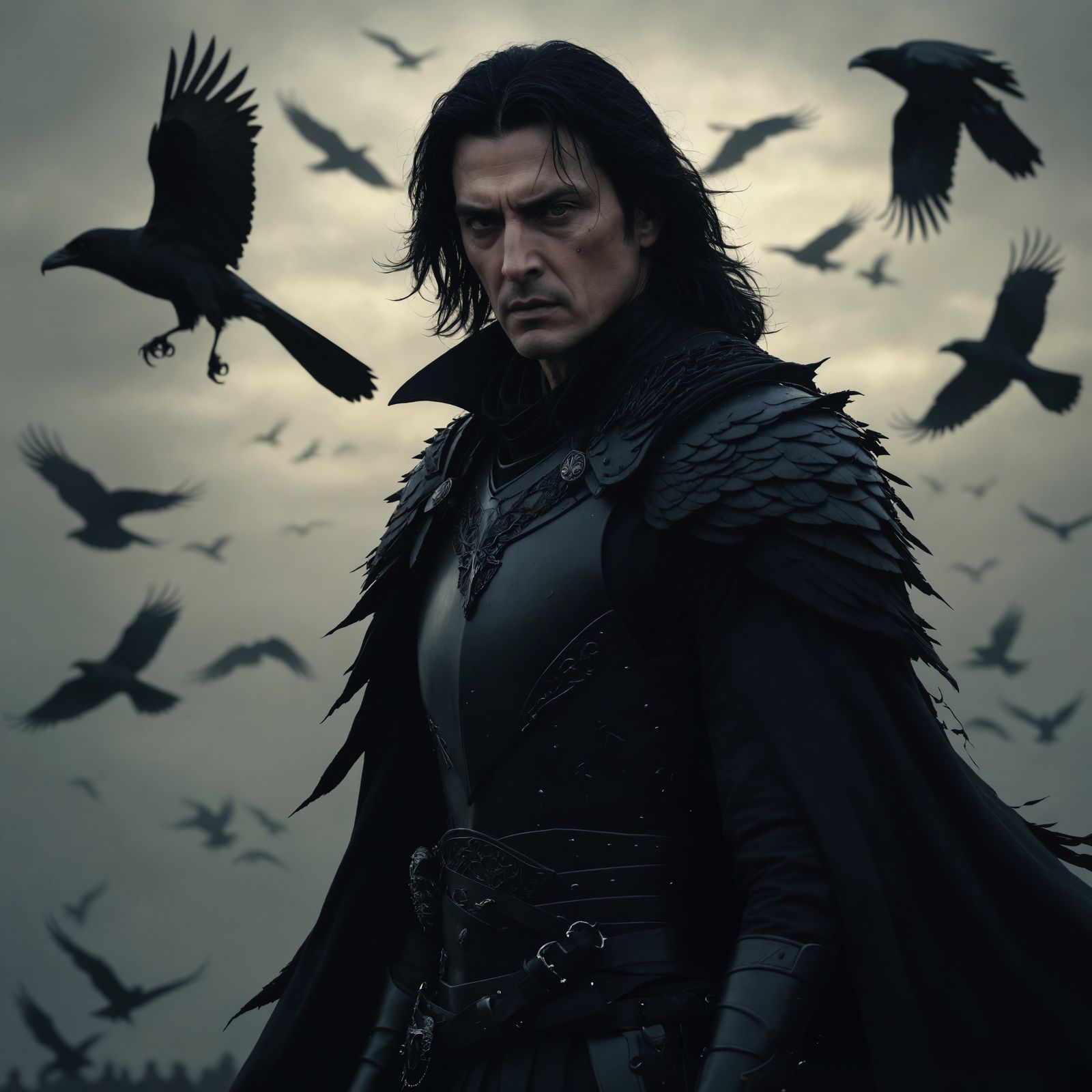 Stern Armored Man With Crows at Twilight