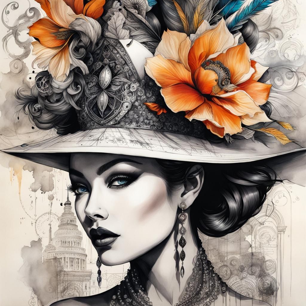 Empowerment: Woman in Haute-Couture Hat, Ink Art