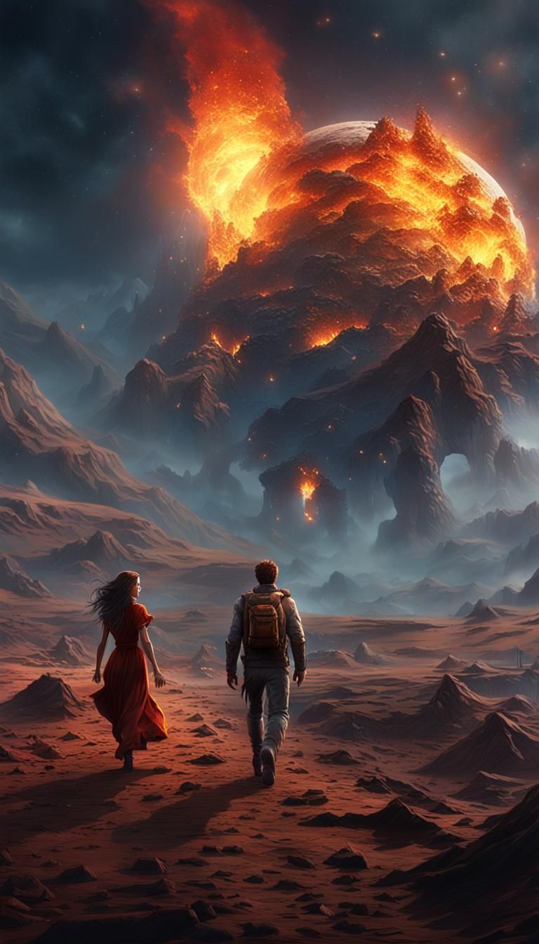 Fiery Moon Escape: A Matte Painting