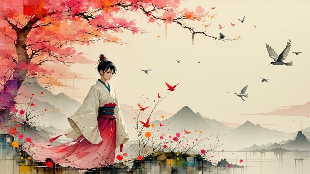 Elegant Japanese Man in Spring, Vibrant Art Style