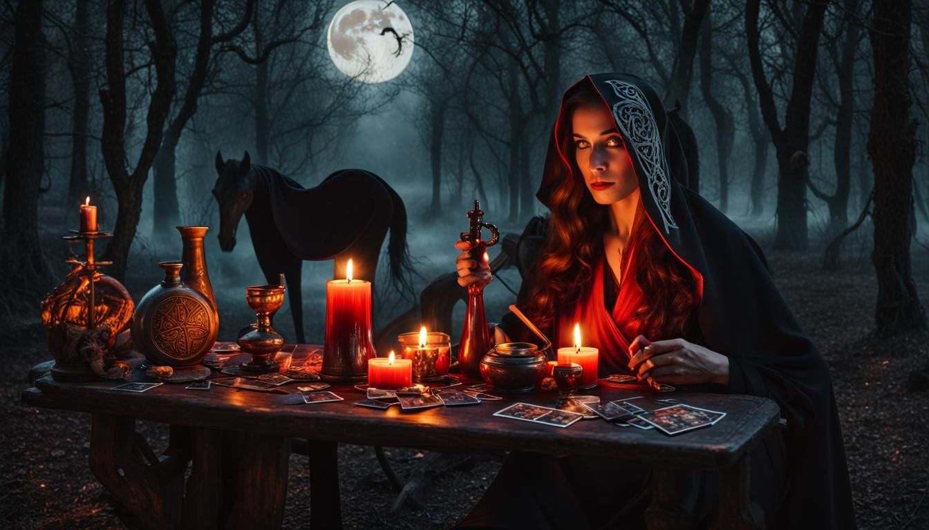 Celtic Priestess at Candlelit Table in Forest