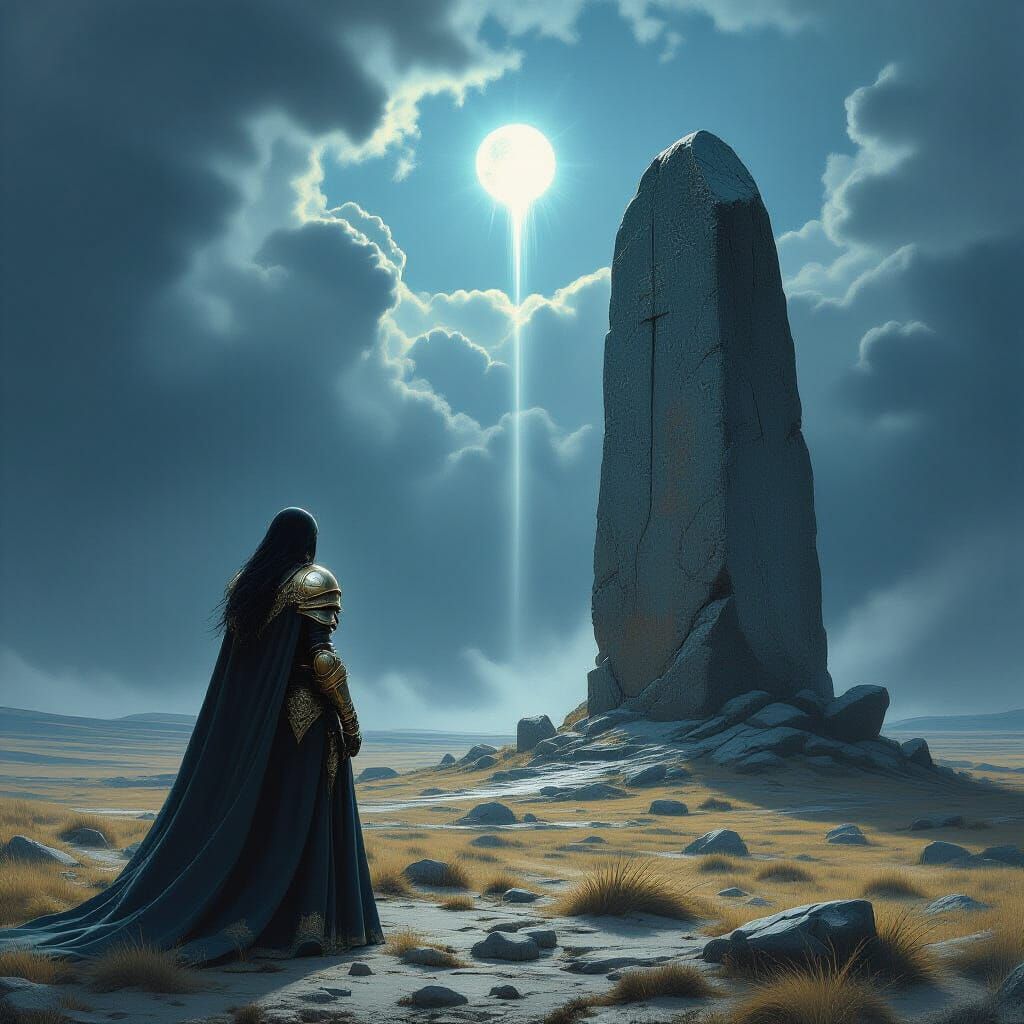 Queen Gazes at Ancient Monolith on Windswept Moor