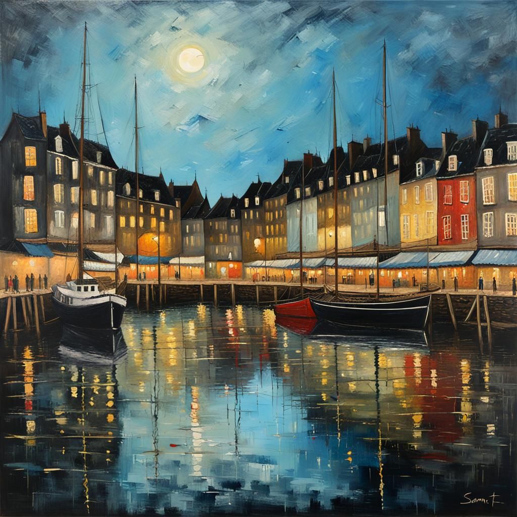 Honfleur Harbor at Night: Colorful Oil Painting