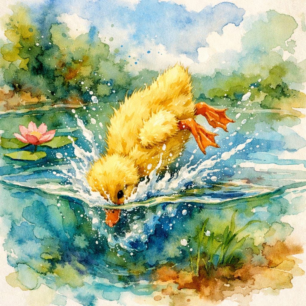 Fluffy Duckling Diving Into Pond in Alcohol Ink Style